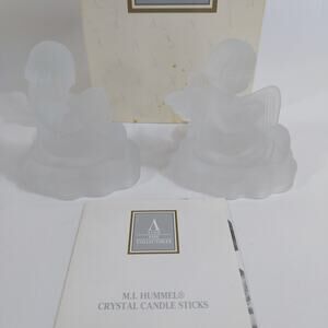 Vintage M.I. Hummel Goebel Frosted Crystal Glass Angel with Harp Candle Holders